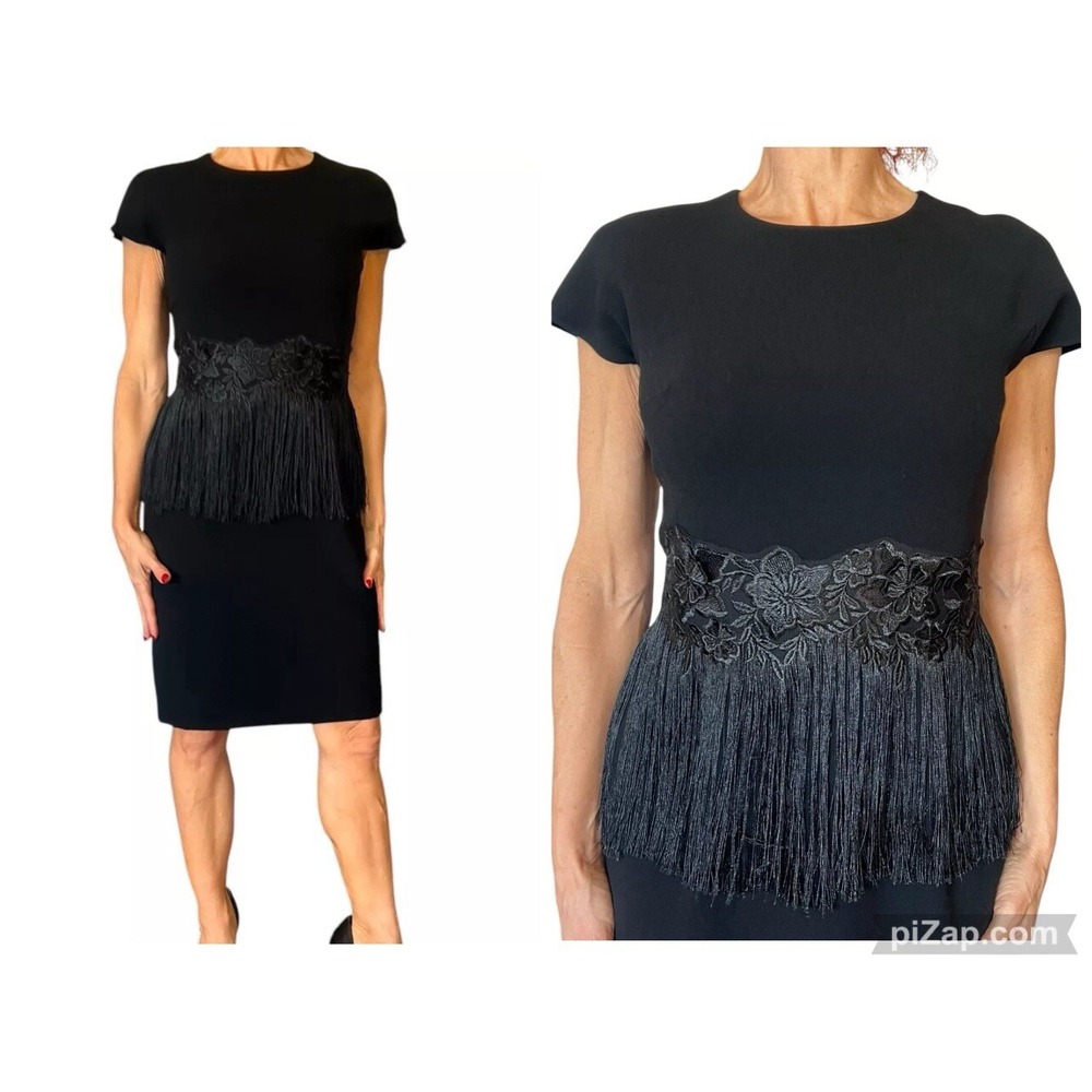 RICKIE FREEMAN TERI JON BLACK SHEATH DRESS CAP SLEEVE FLORAL APPLIQUE FRINGE 2